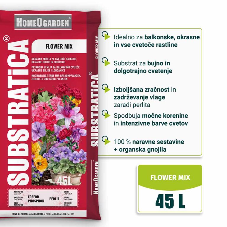 Organska zemlja Substratica Flower Mix 45 L za balkonske, okrasne in cvetoče rastline